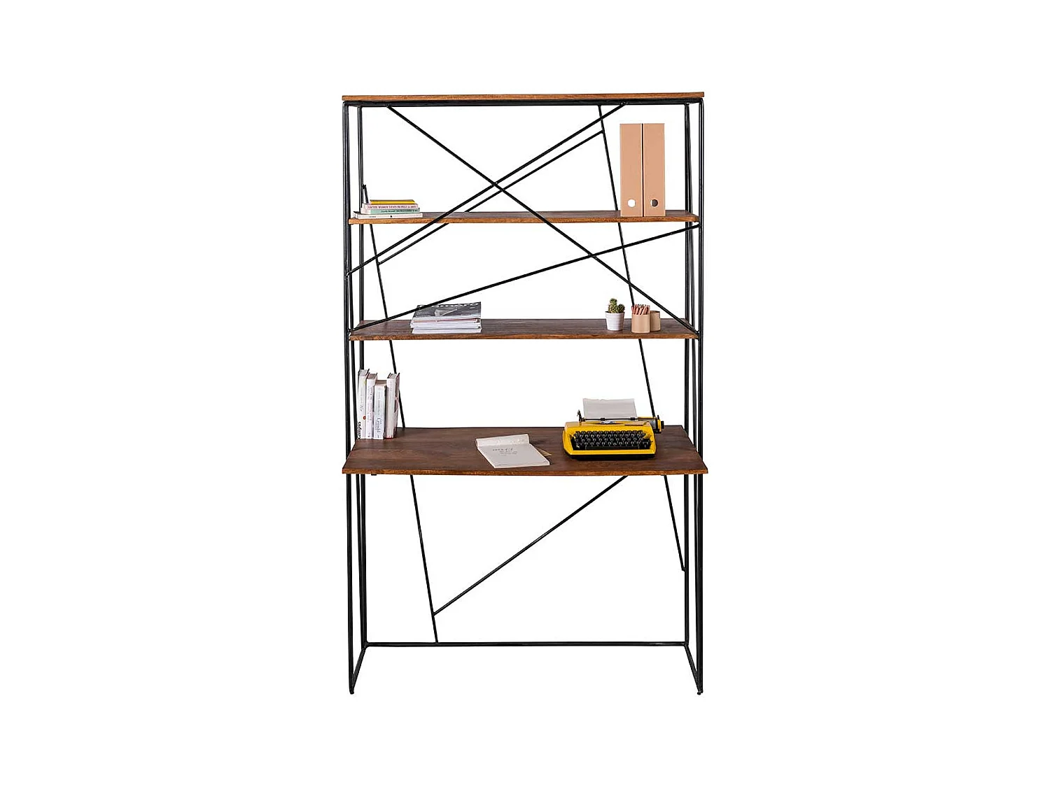 Designschreibtisch aus Mangobaum Massivholz und Stahl integriertem Regal