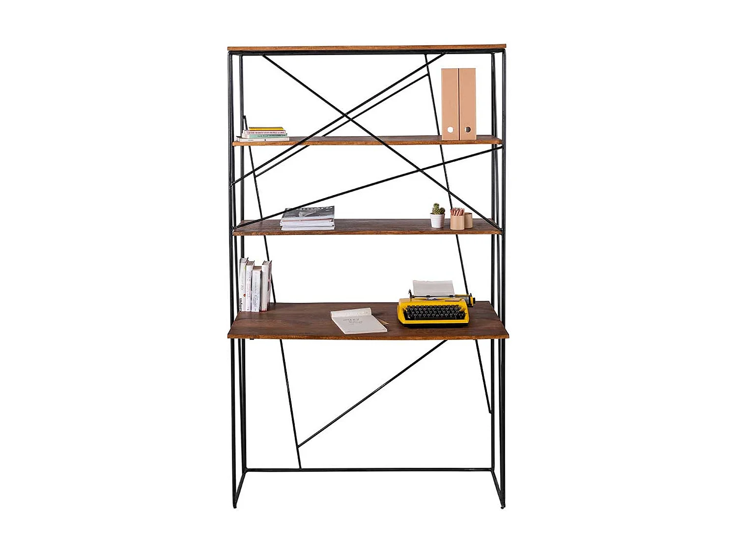 Designschreibtisch aus Mangobaum Massivholz und Stahl integriertem Regal