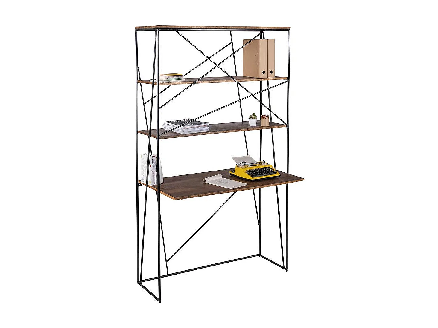 Designschreibtisch aus Mangobaum Massivholz und Stahl integriertem Regal