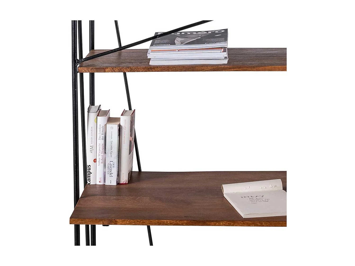 Designschreibtisch aus Mangobaum Massivholz und Stahl integriertem Regal