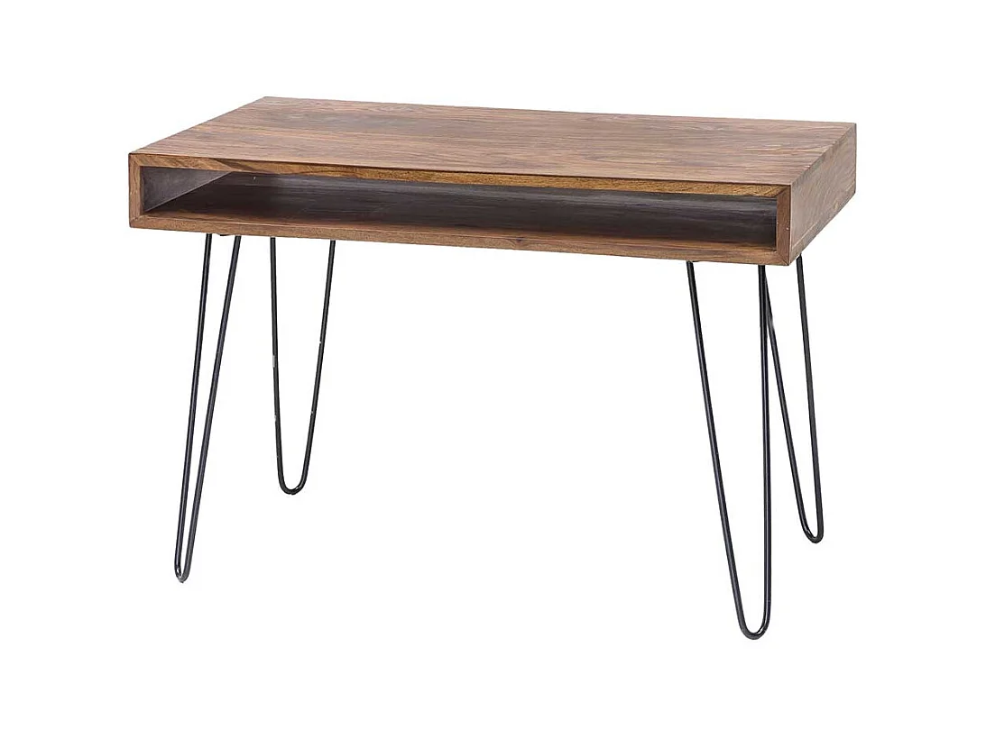 Schreibtisch Retro Stil aus Sheesham Massivholz und Metall Hairpin Gestell