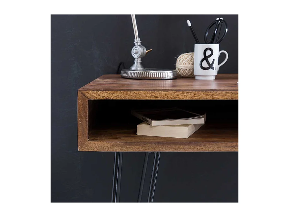 Schreibtisch Retro Stil aus Sheesham Massivholz und Metall Hairpin Gestell