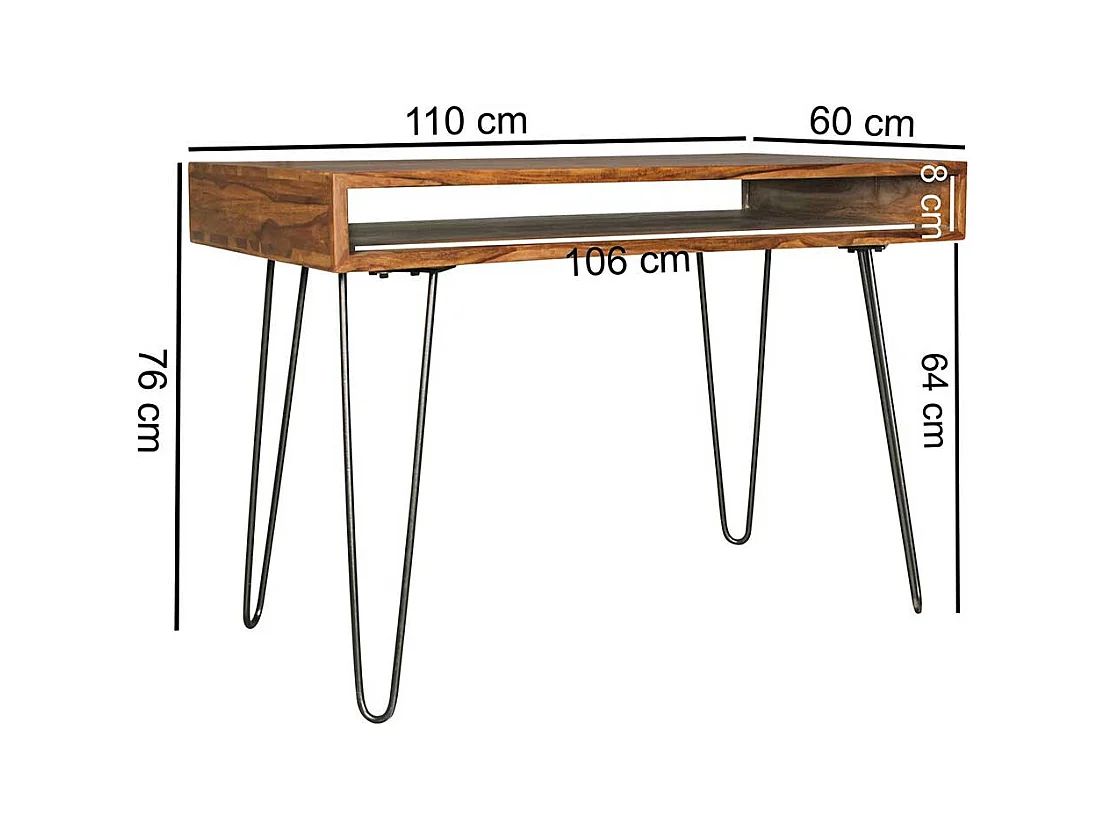 Schreibtisch Retro Stil aus Sheesham Massivholz und Metall Hairpin Gestell