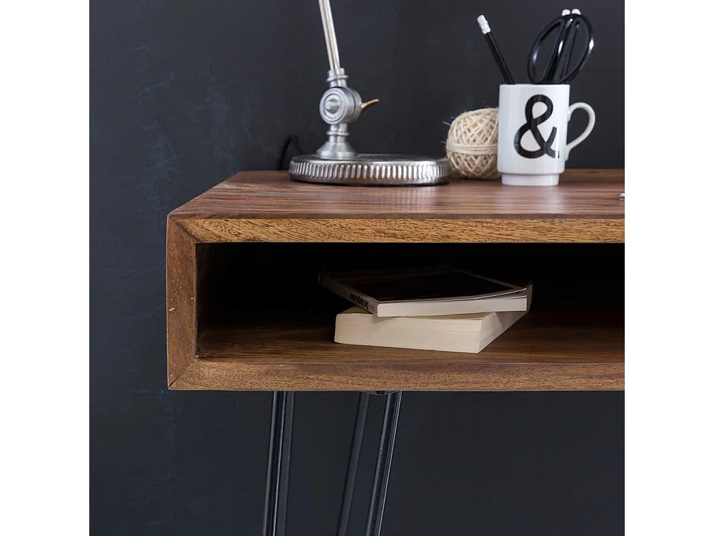 Schreibtisch Retro Stil aus Sheesham Massivholz und Metall Hairpin Gestell