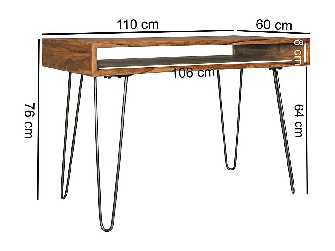 Schreibtisch Retro Stil aus Sheesham Massivholz und Metall Hairpin Gestell
