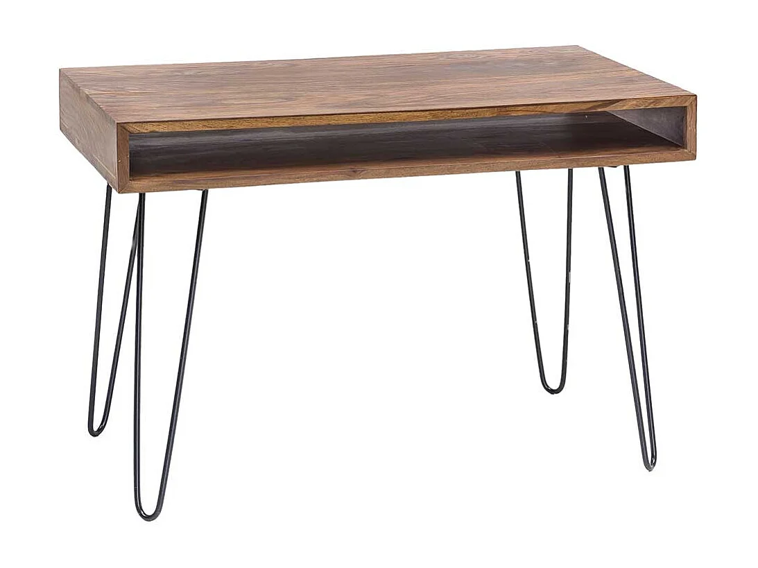 Schreibtisch Retro Stil aus Sheesham Massivholz und Metall Hairpin Gestell