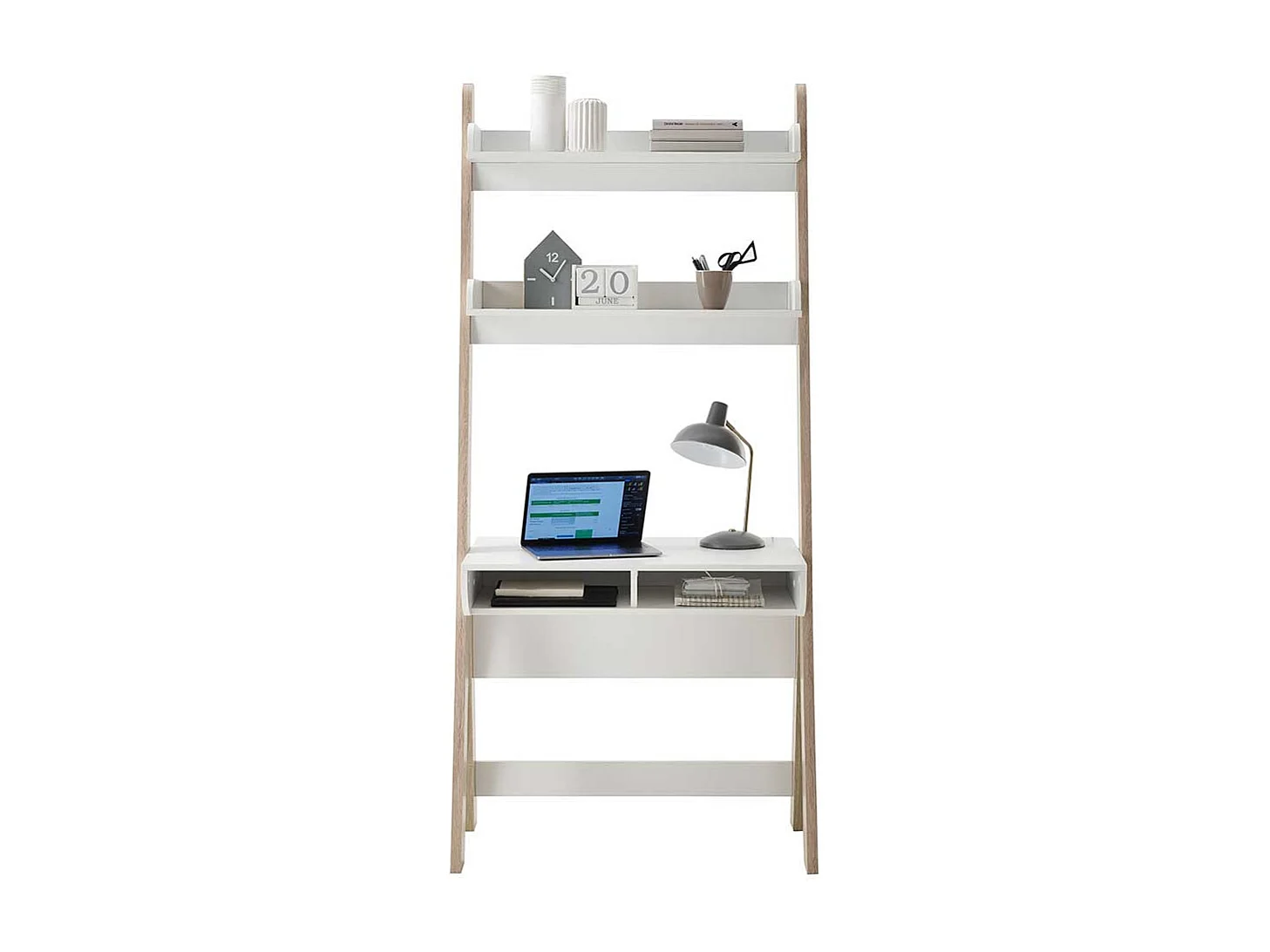 Skandi Schreibtisch in Weiß und Eiche San Remo Staufach