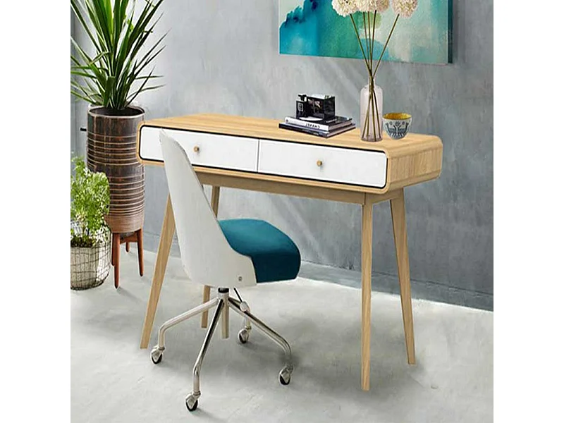 Büroschreibtisch im Skandi Design Weiß und Holz Naturfarben