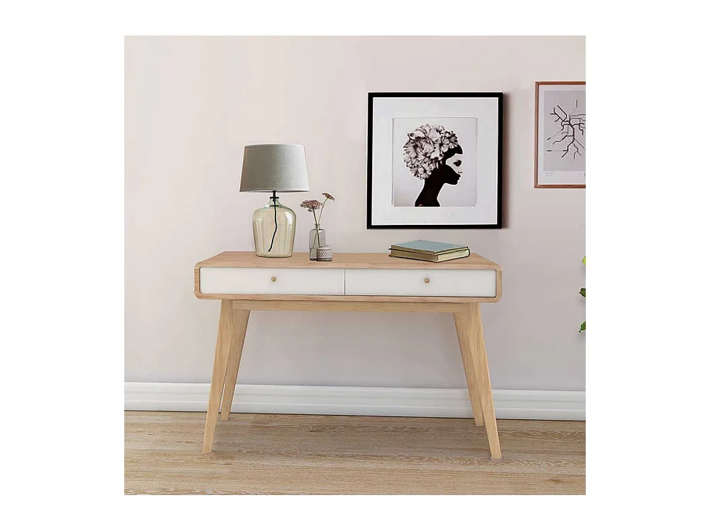 Büroschreibtisch im Skandi Design Weiß und Holz Naturfarben