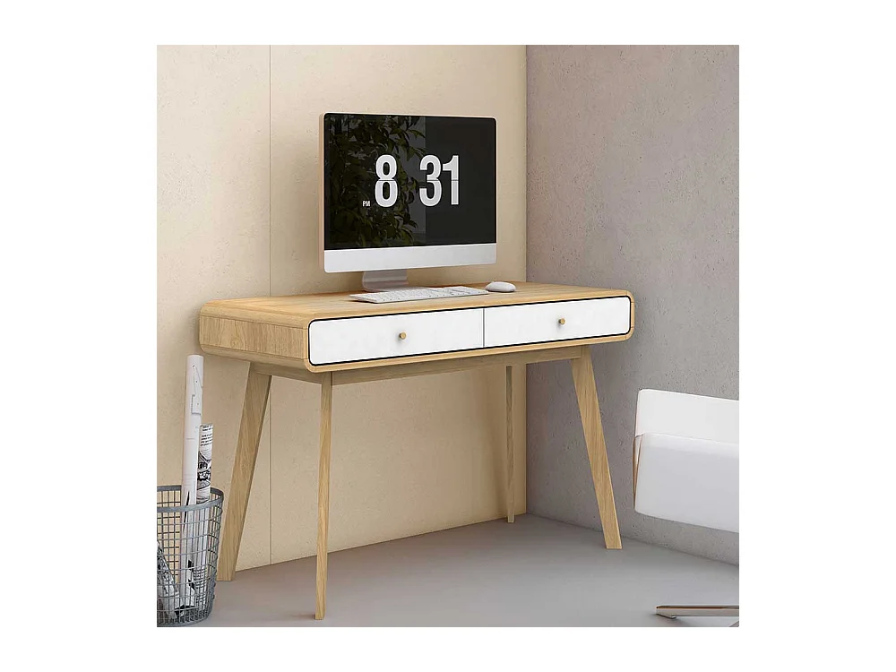 Büroschreibtisch im Skandi Design Weiß und Holz Naturfarben