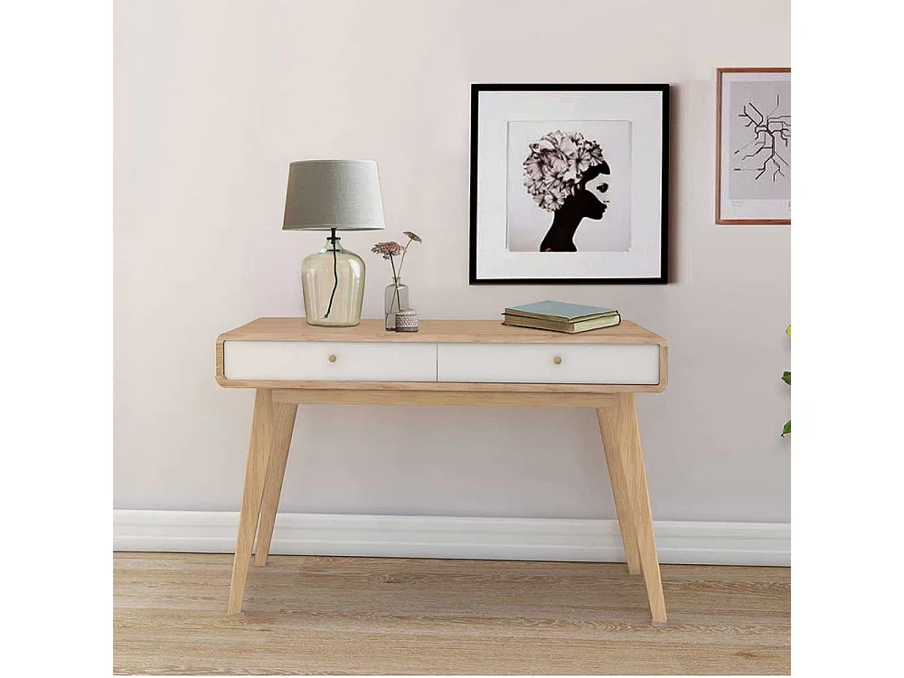 Büroschreibtisch im Skandi Design Weiß und Holz Naturfarben