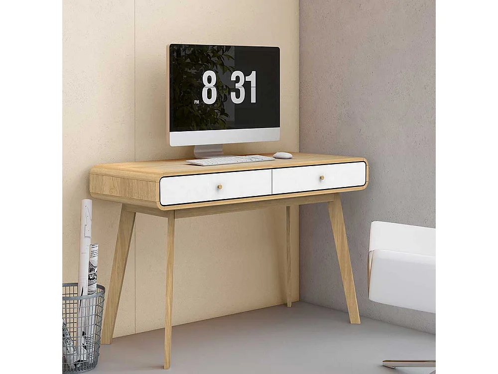 Büroschreibtisch im Skandi Design Weiß und Holz Naturfarben