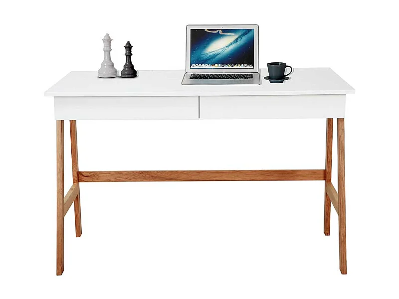 Laptopschreibtisch in Weiß und Naturfarben Vierfußgestell
