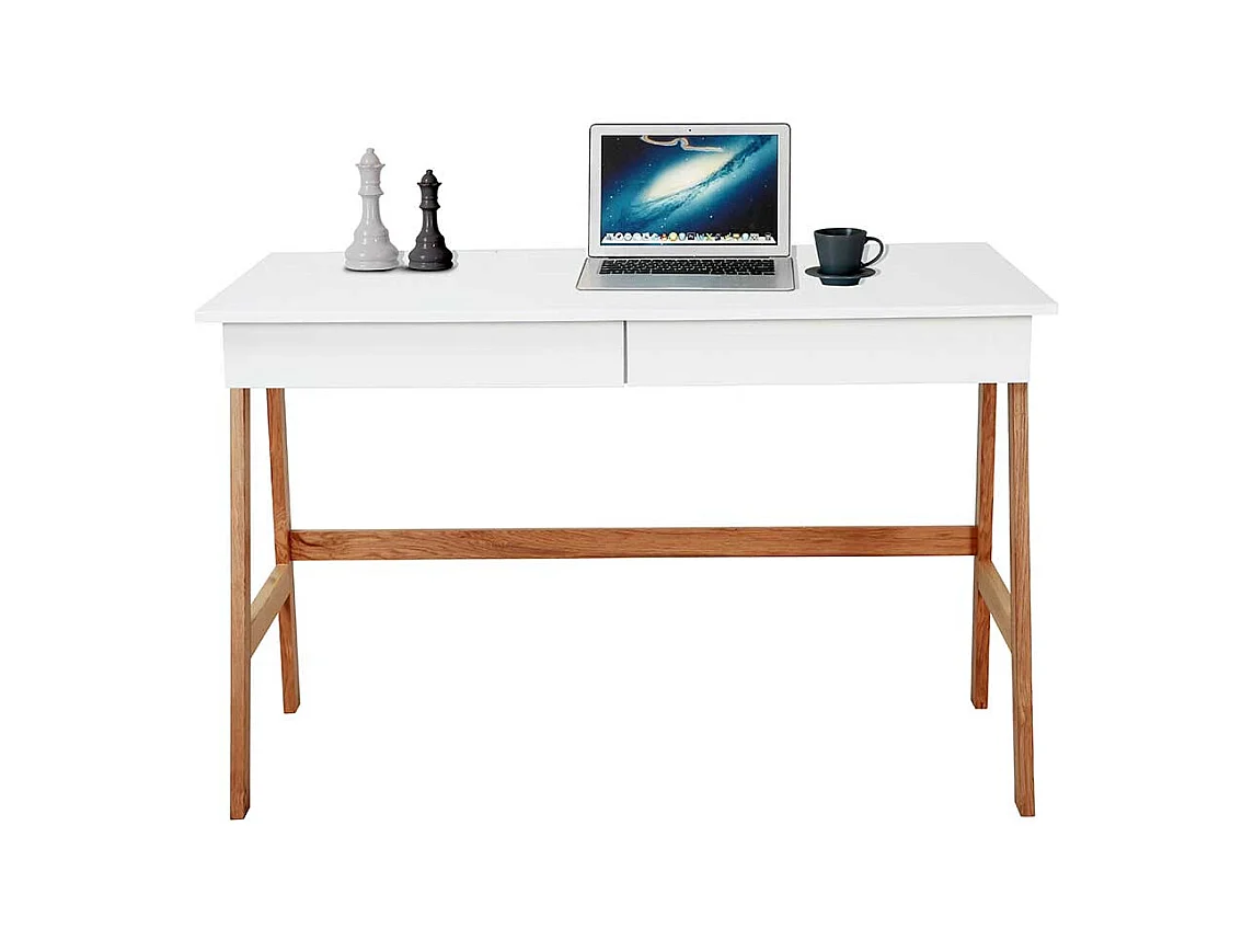 Laptopschreibtisch in Weiß und Naturfarben Vierfußgestell