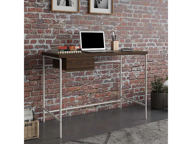 Laptopschreibtisch mit Schublade in Walnussfarben und Weiß 107 cm breit