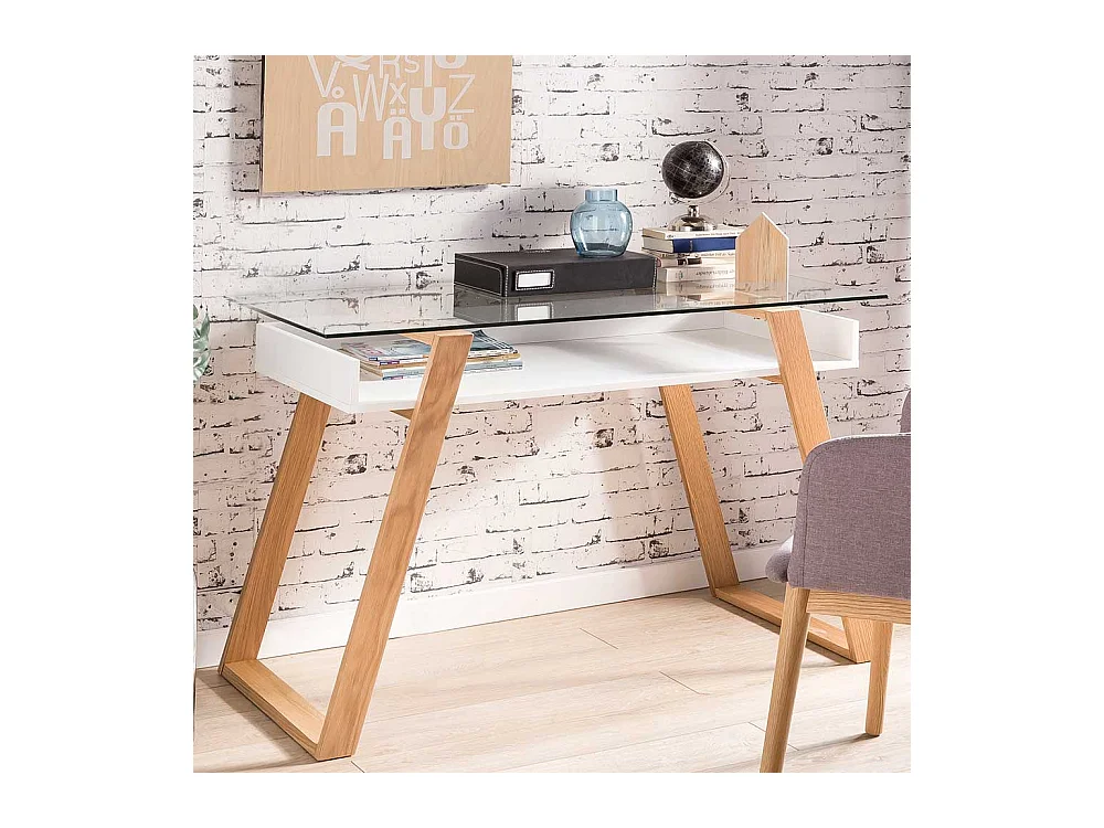 Designschreibtisch in Weiß und Eiche Massivholz Glasplatte