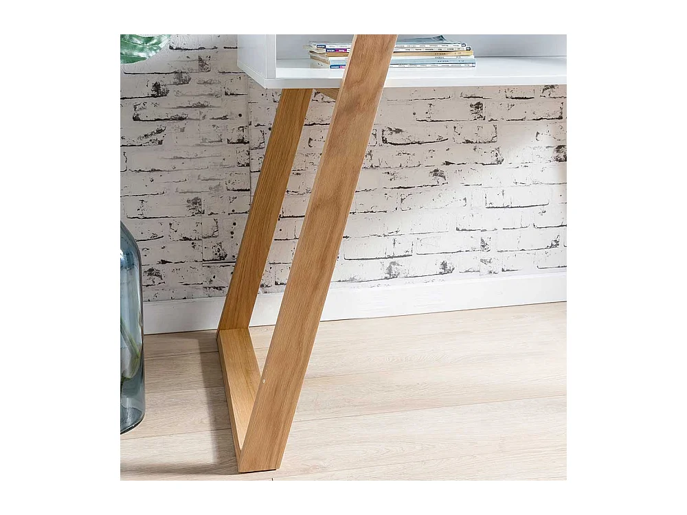 Designschreibtisch in Weiß und Eiche Massivholz Glasplatte