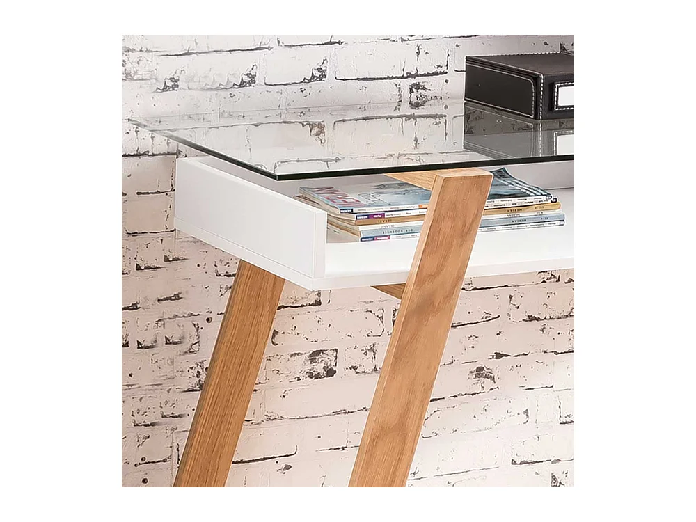 Designschreibtisch in Weiß und Eiche Massivholz Glasplatte