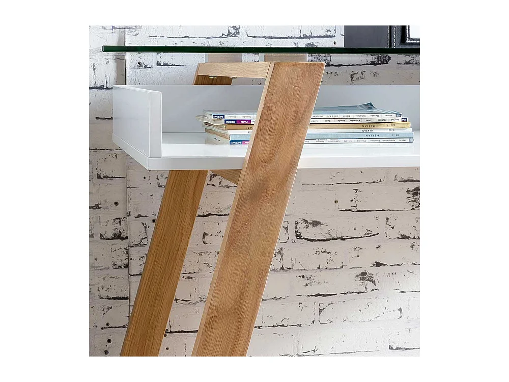 Designschreibtisch in Weiß und Eiche Massivholz Glasplatte