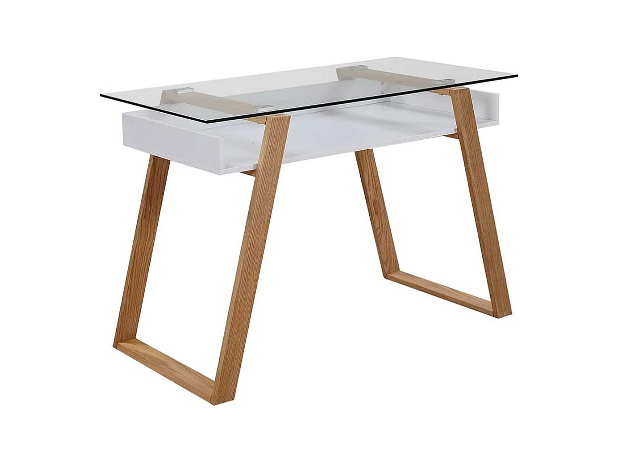 Designschreibtisch in Weiß und Eiche Massivholz Glasplatte