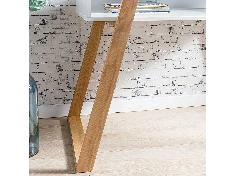 Designschreibtisch in Weiß und Eiche Massivholz Glasplatte