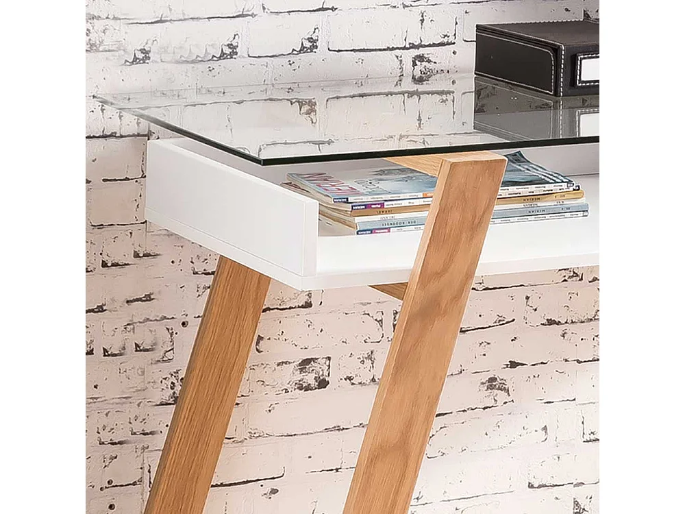 Designschreibtisch in Weiß und Eiche Massivholz Glasplatte