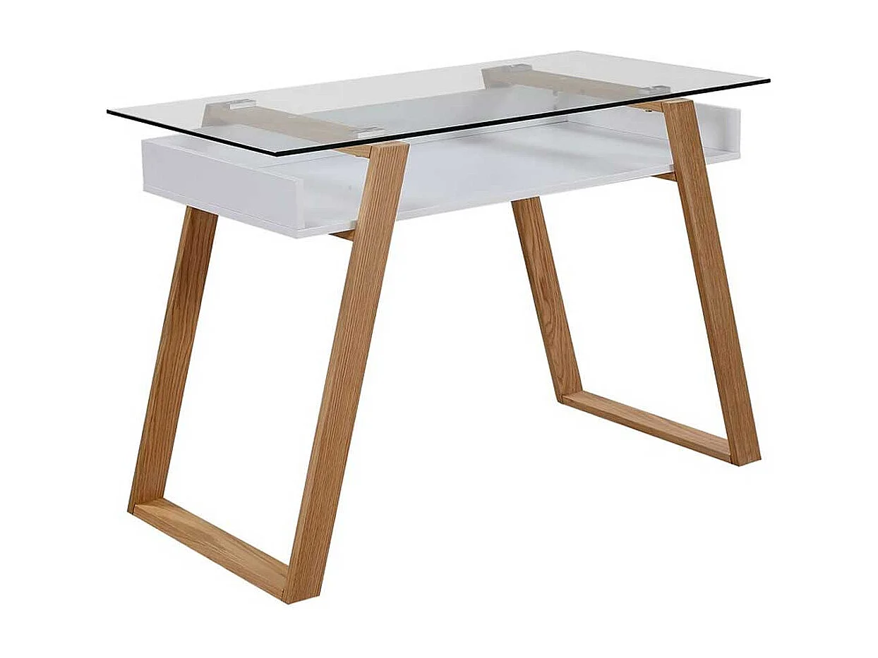 Designschreibtisch in Weiß und Eiche Massivholz Glasplatte