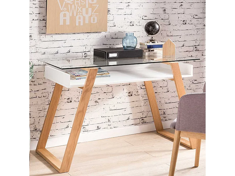 Designschreibtisch in Weiß und Eiche Massivholz Glasplatte