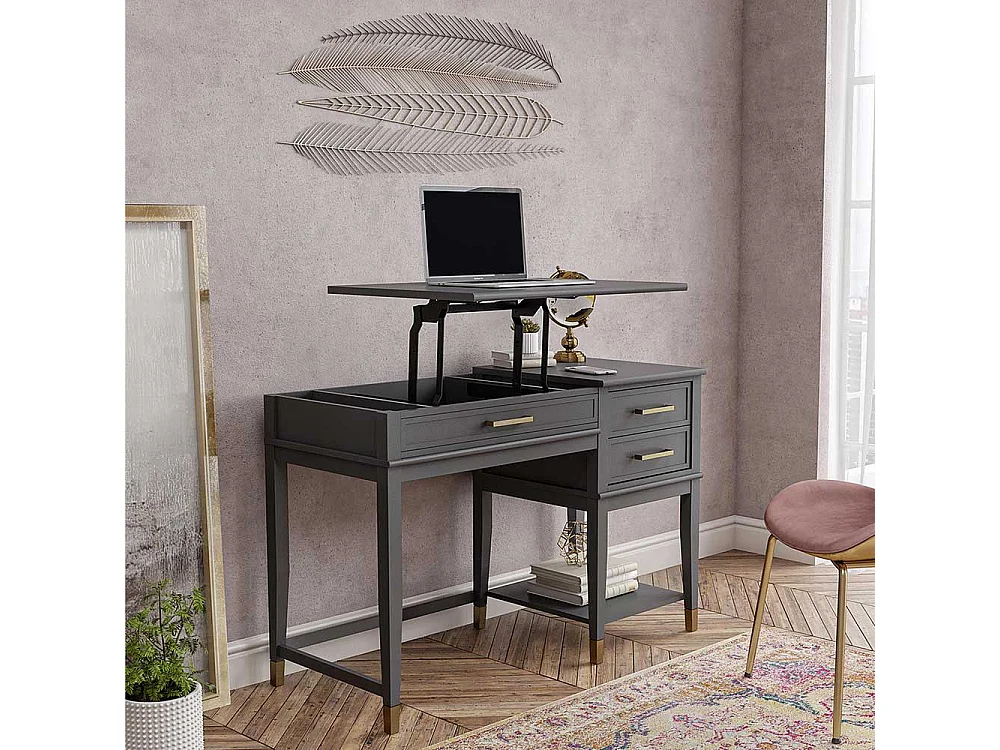 Home Office Schreibtisch Dunkelgrau im Landhausstil hochklappbare Tischplatte