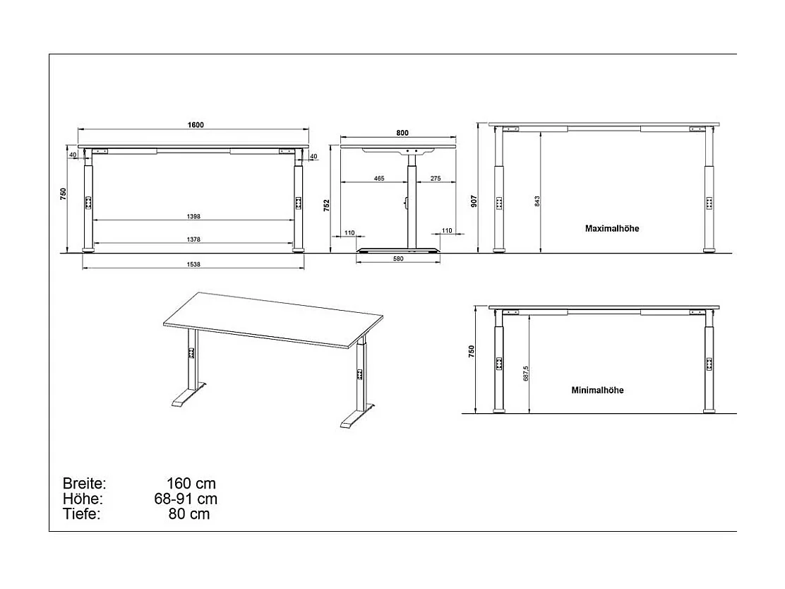 Schreibtisch Bürotisch höhenverstellbar mit T Gestell