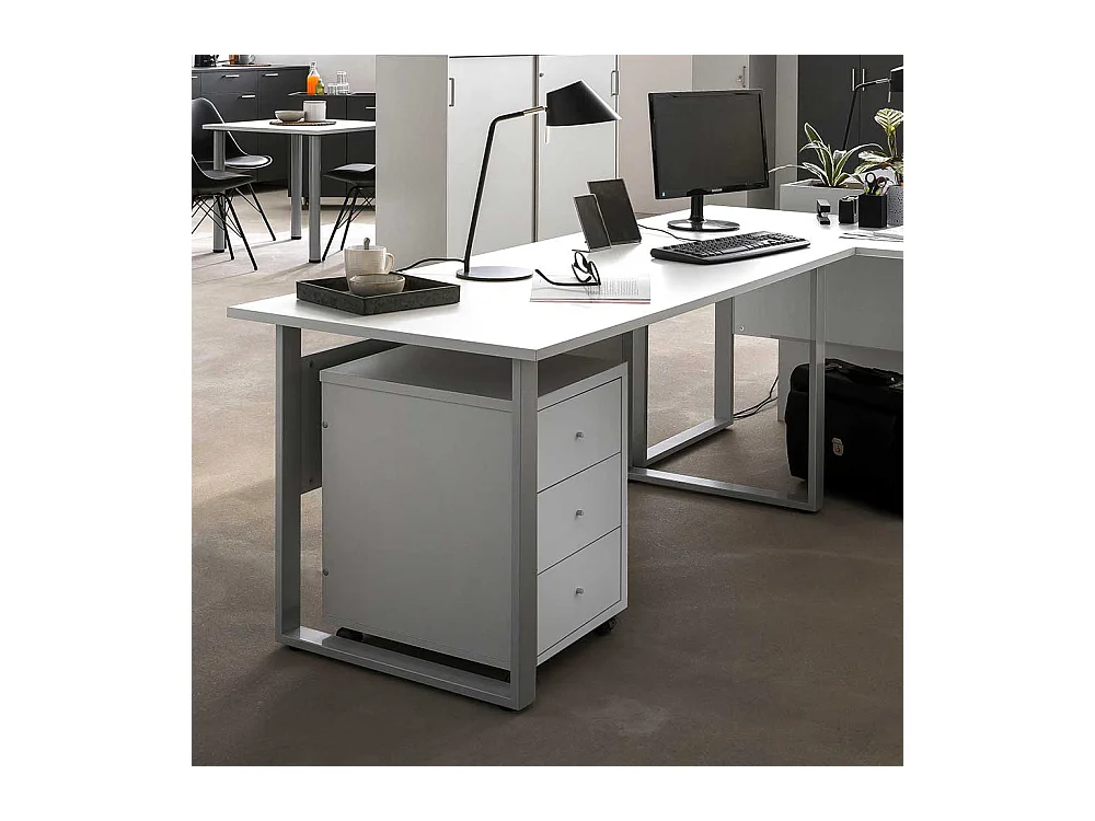 Bürotisch in Weiß & Silberfarben große Knieraumblende