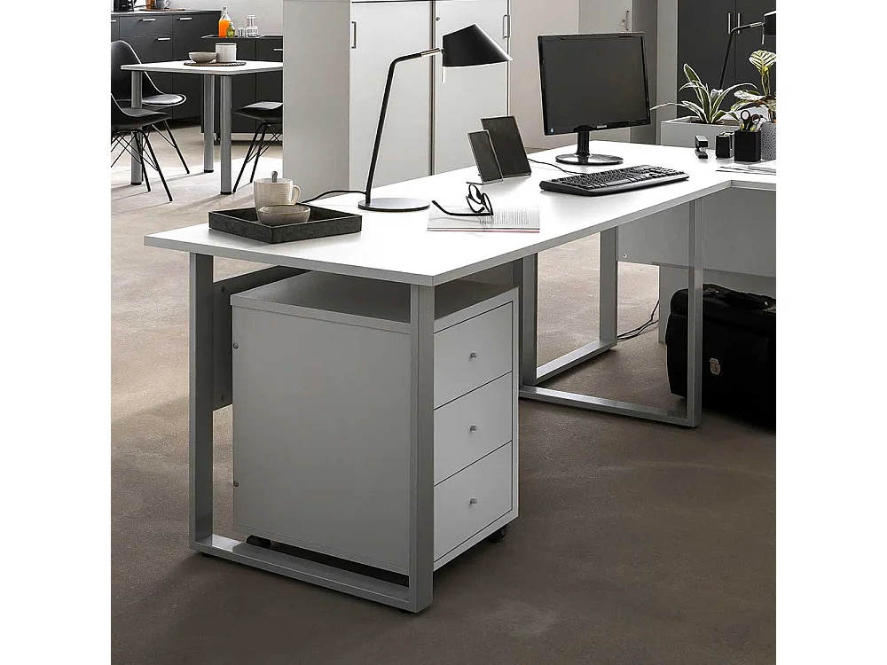 Bürotisch in Weiß & Silberfarben große Knieraumblende