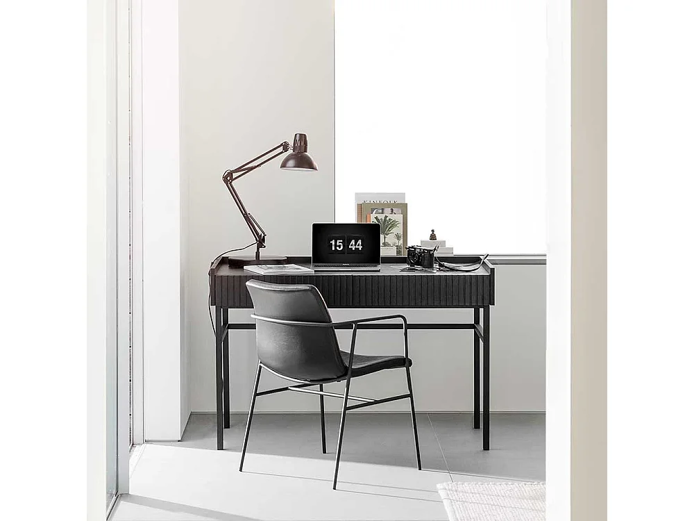 Schwarzer Designschreibtisch mit zwei Schubladen Vierfußgestell aus Metall