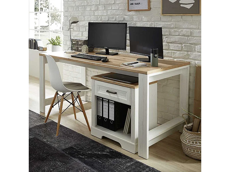 Landhaus Bürotisch mit Rollcontainer Eichefarben & Weiß (zweiteilig)