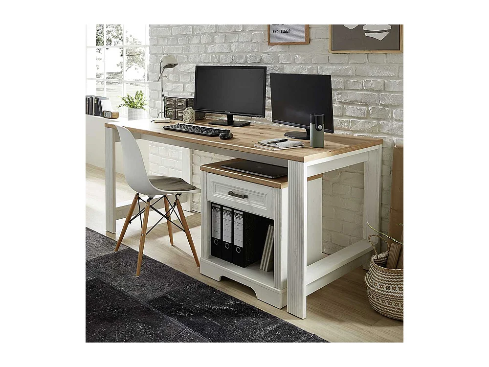 Landhaus Bürotisch mit Rollcontainer Eichefarben & Weiß (zweiteilig)