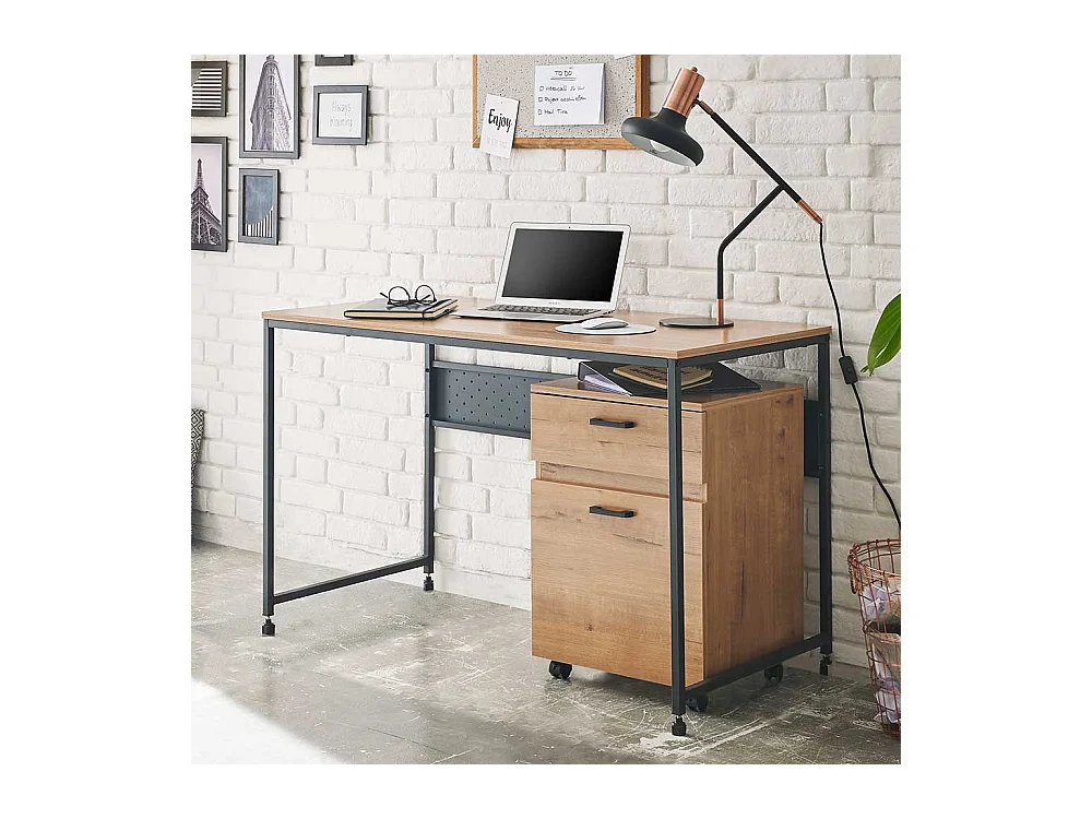 Büroschreibtisch in Wildeichefarben und Schwarz Rollcontainer (zweiteilig)