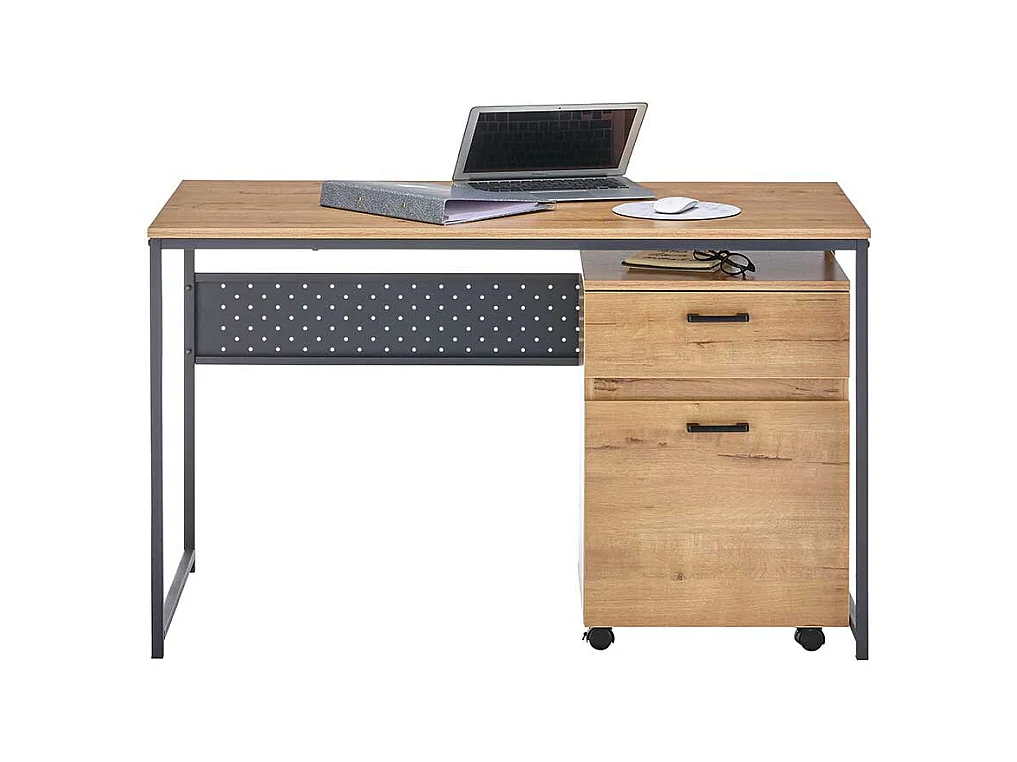 Büroschreibtisch in Wildeichefarben und Schwarz Rollcontainer (zweiteilig)