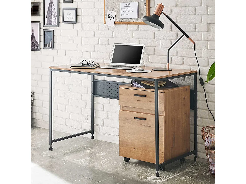 Büroschreibtisch in Wildeichefarben und Schwarz Rollcontainer (zweiteilig)