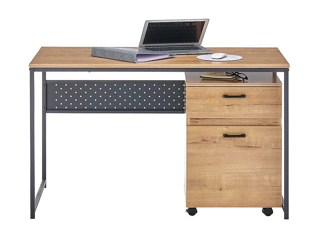 Büroschreibtisch in Wildeichefarben und Schwarz Rollcontainer (zweiteilig)