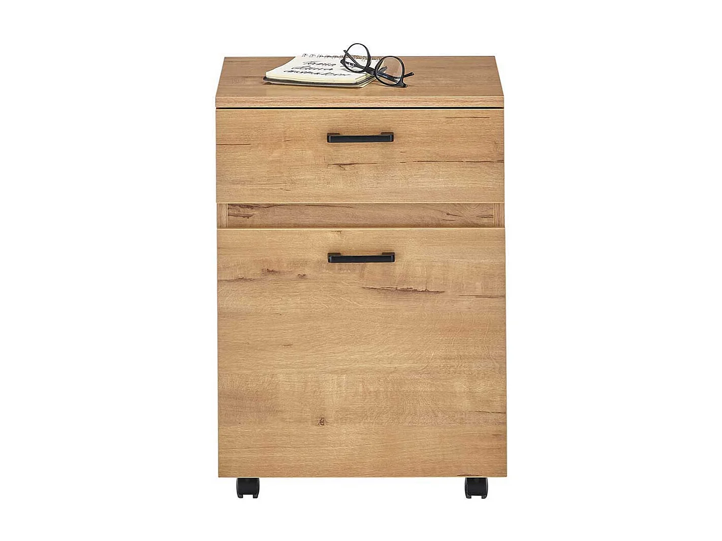 Büroschreibtisch in Wildeichefarben und Schwarz Rollcontainer (zweiteilig)