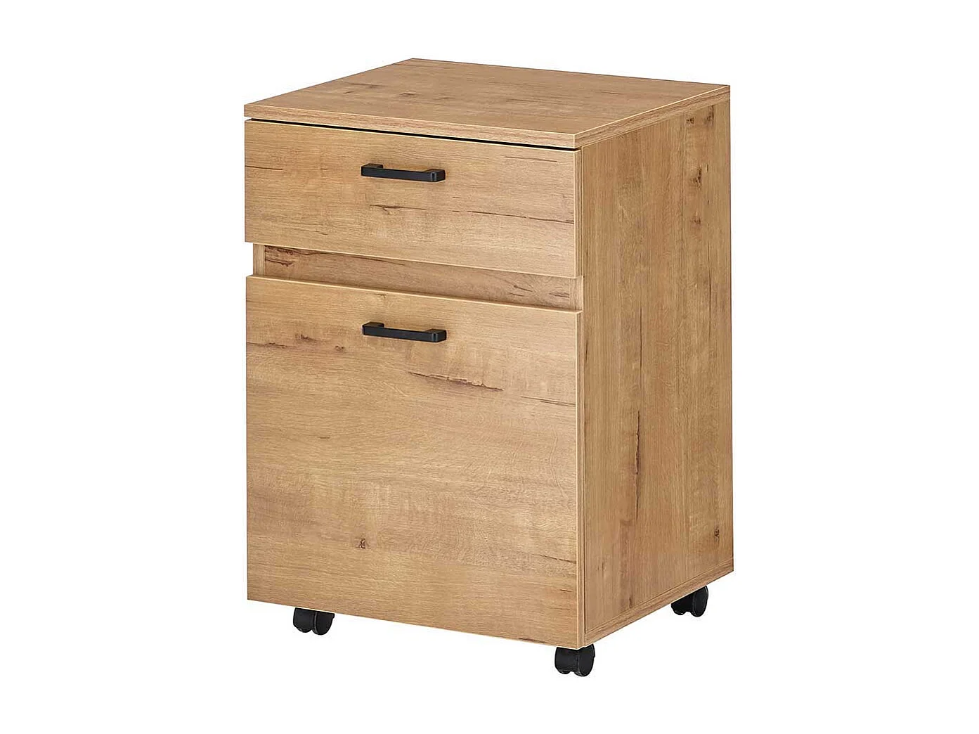 Büroschreibtisch in Wildeichefarben und Schwarz Rollcontainer (zweiteilig)