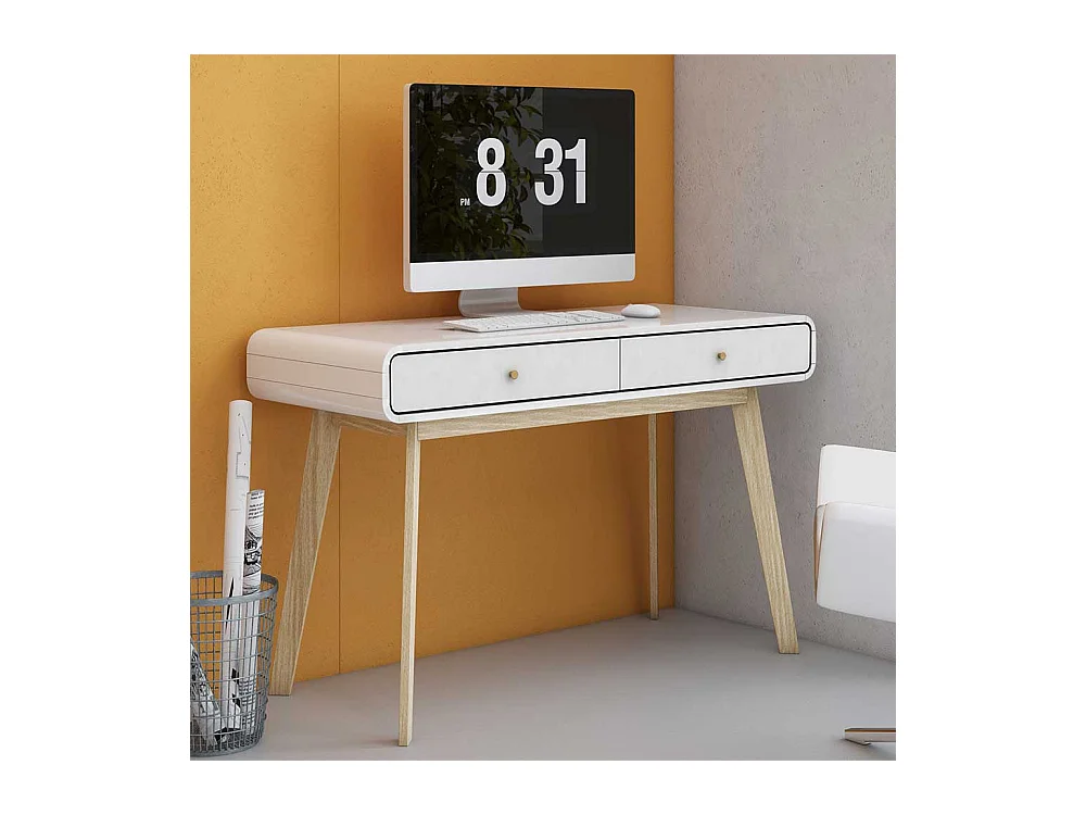 Skandi Design Schreibtisch in Weiß und Holz Naturfarben 120 cm breit