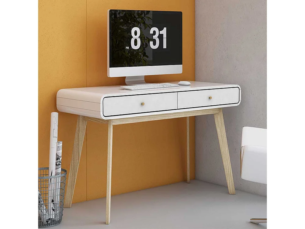 Skandi Design Schreibtisch in Weiß und Holz Naturfarben 120 cm breit