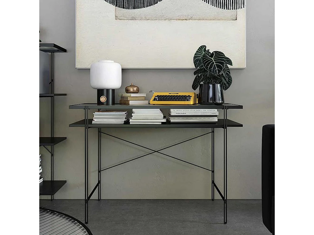 Schwarzer Schreibtisch aus Metall Strukturglasplatte