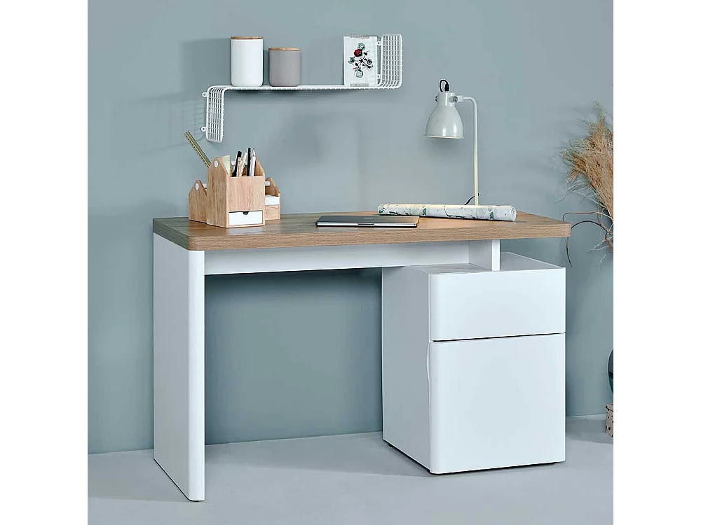 Büroschreibtisch in Weiß und Eiche Optik 120 cm breit