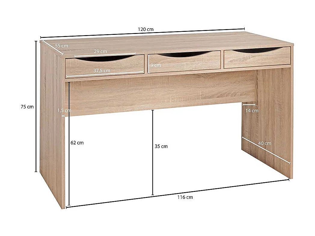 Schuelerschreibtisch in Sonoma-Eiche Holzoptik drei Schubladen