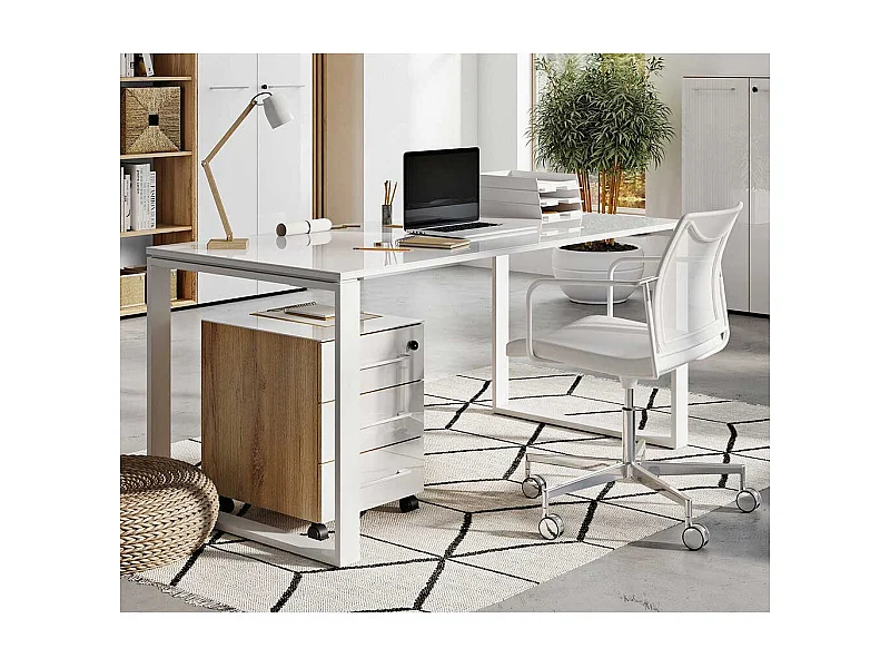 Büro Schreibtisch in Weiß  und Wildeiche Optik Glas beschichtet (zweiteilig)