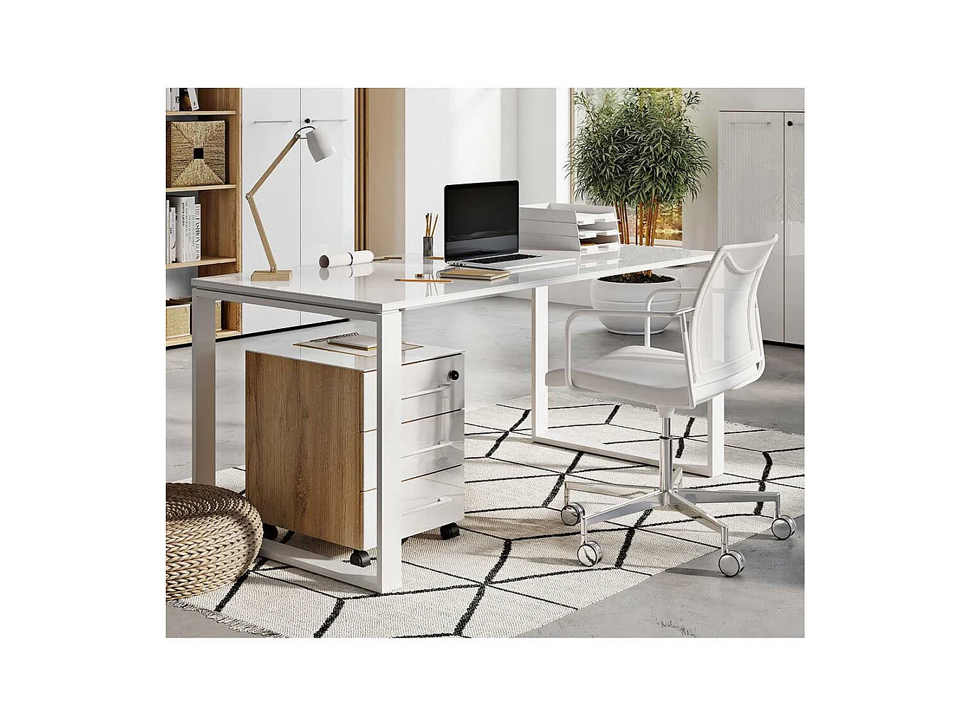 Büro Schreibtisch in Weiß  und Wildeiche Optik Glas beschichtet (zweiteilig)