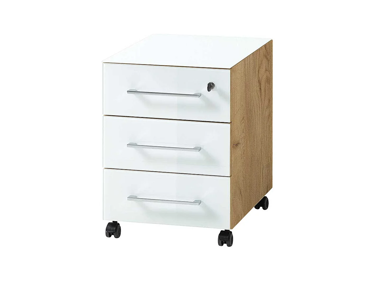 Büro Schreibtisch in Weiß  und Wildeiche Optik Glas beschichtet (zweiteilig)