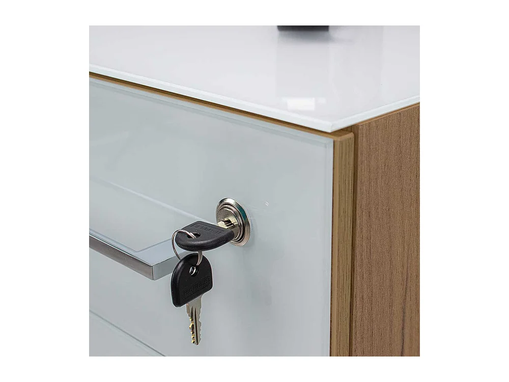 Büro Schreibtisch in Weiß  und Wildeiche Optik Glas beschichtet (zweiteilig)